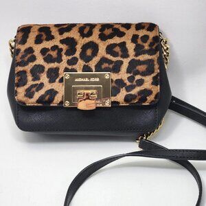 Michael Kors Tina Crossbody Bag Leather Calf Hair Black Leopard Handbag Purse